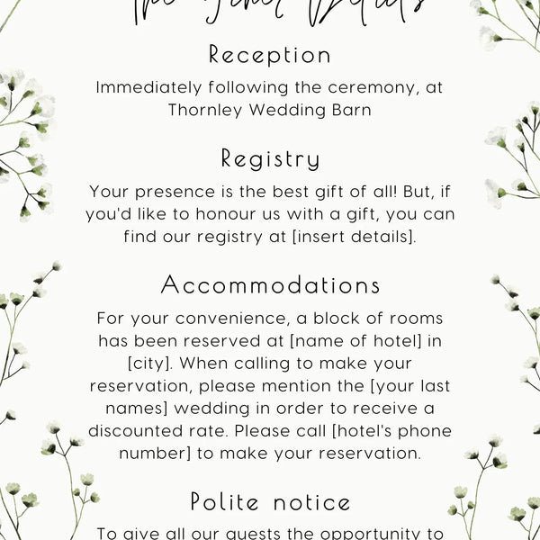 wedding invitations front and back - baby's breath gypsophila wedding invites customised