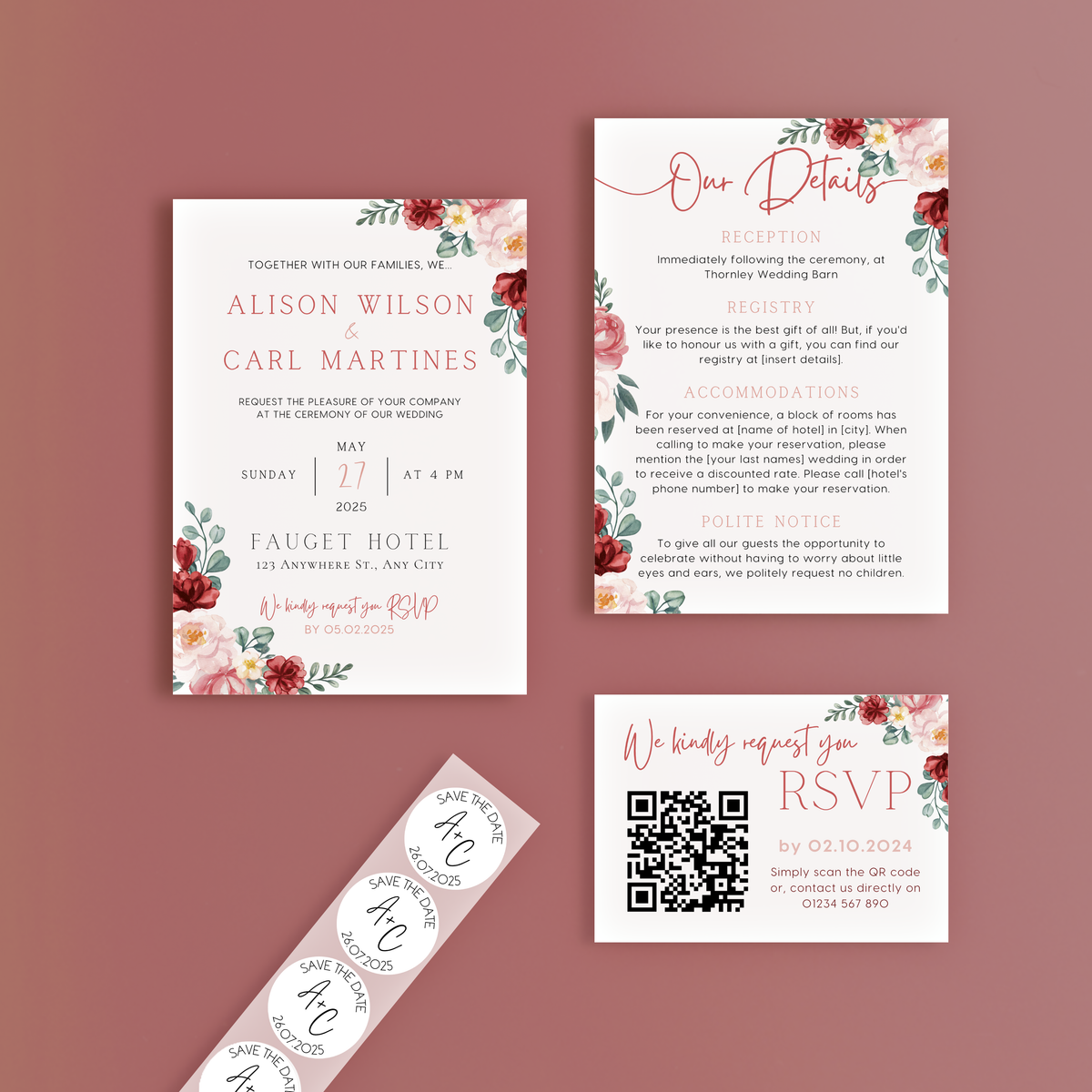 burgundy and cream floral wedding stationery essentials bundle - wedding stationery bundle customised - wedding invites bundle with rsvp - personalised wedding invites rsvp bundle