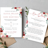 wedding invitations front and back - burgundy florals wedding invites customised