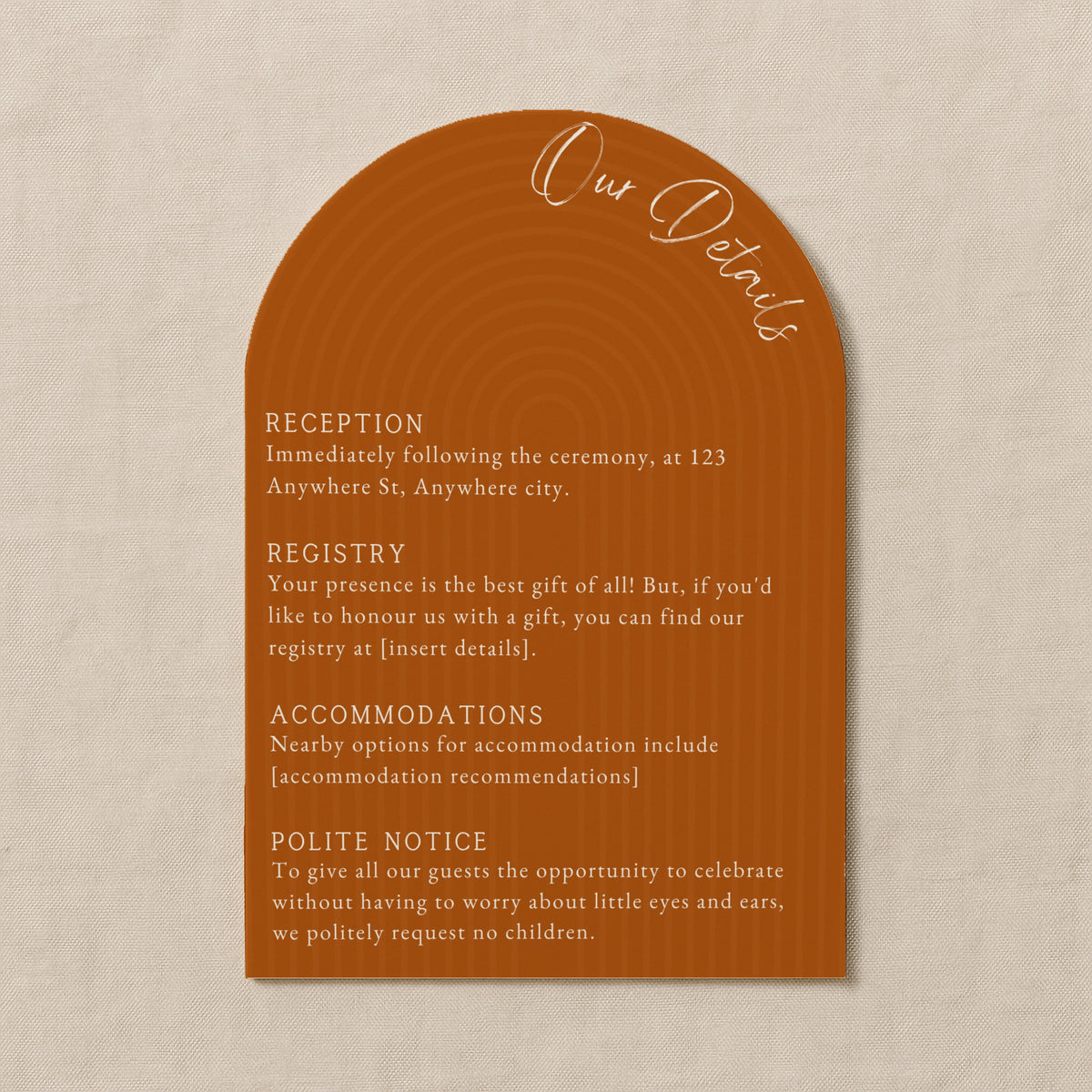 luxury arch shaped wedding invitations in burnt orange - fully personalised elegant wedding invitations premium