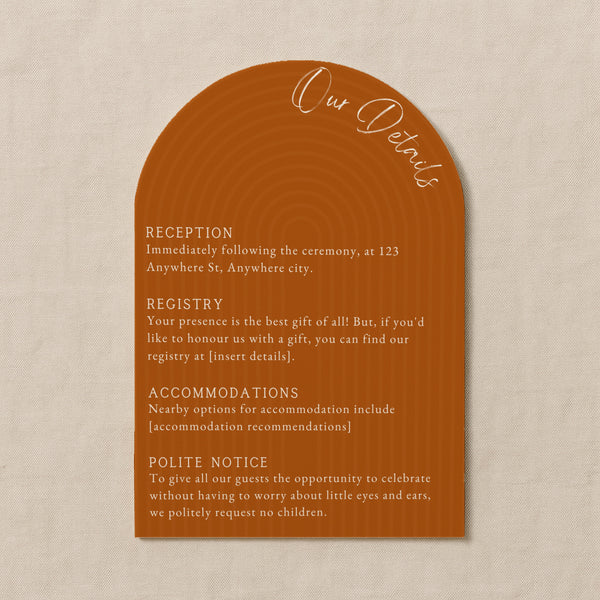 luxury arch shaped wedding invitations in burnt orange - fully personalised elegant wedding invitations premium