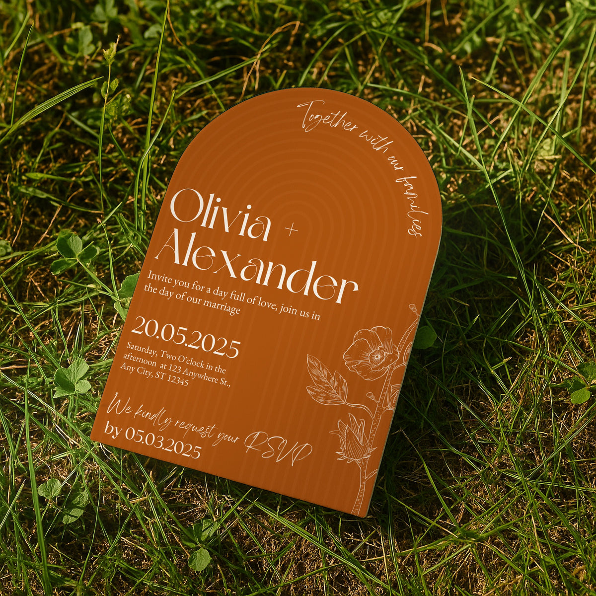 luxury arch shaped wedding invitations in burnt orange - fully personalised elegant wedding invitations premium
