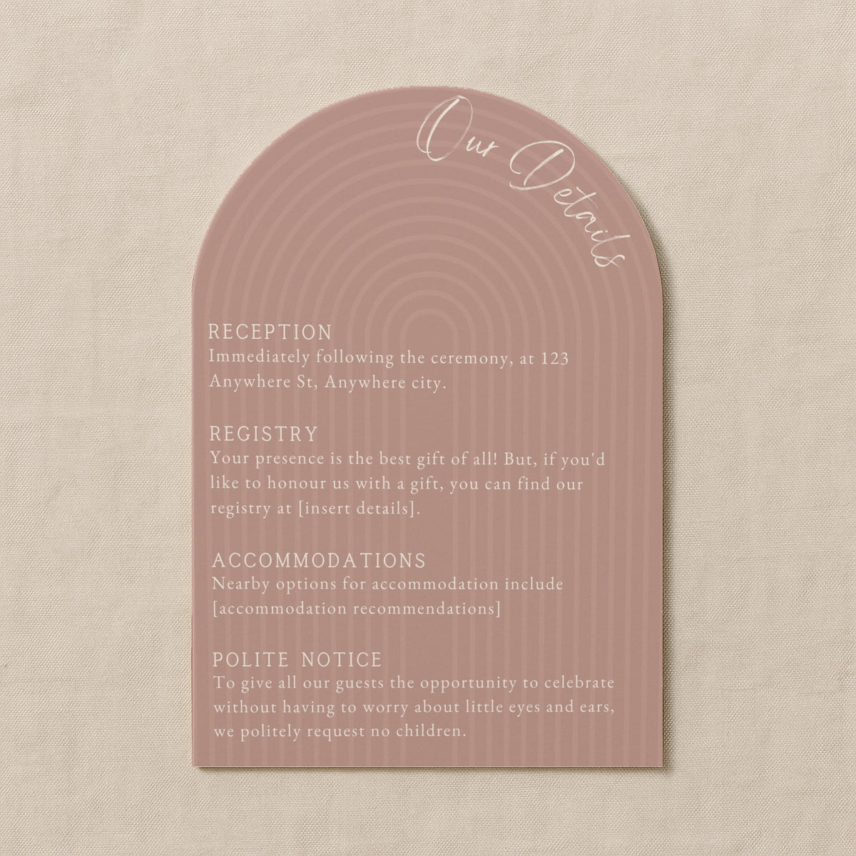 luxury arch shaped wedding invitations in dusty pink - fully personalised elegant wedding invitations premium