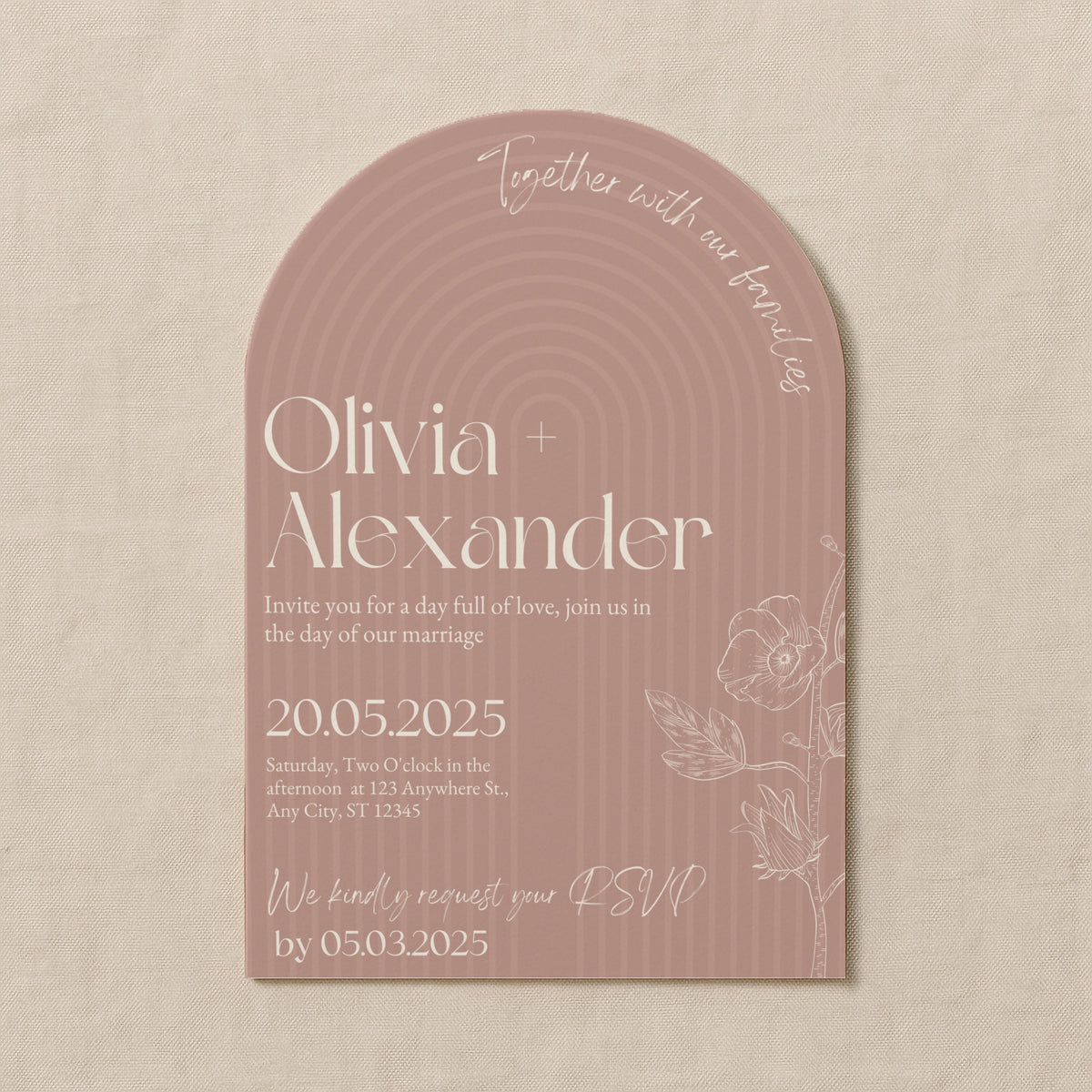 luxury arch shaped wedding invitations in dusty pink - fully personalised elegant wedding invitations premium