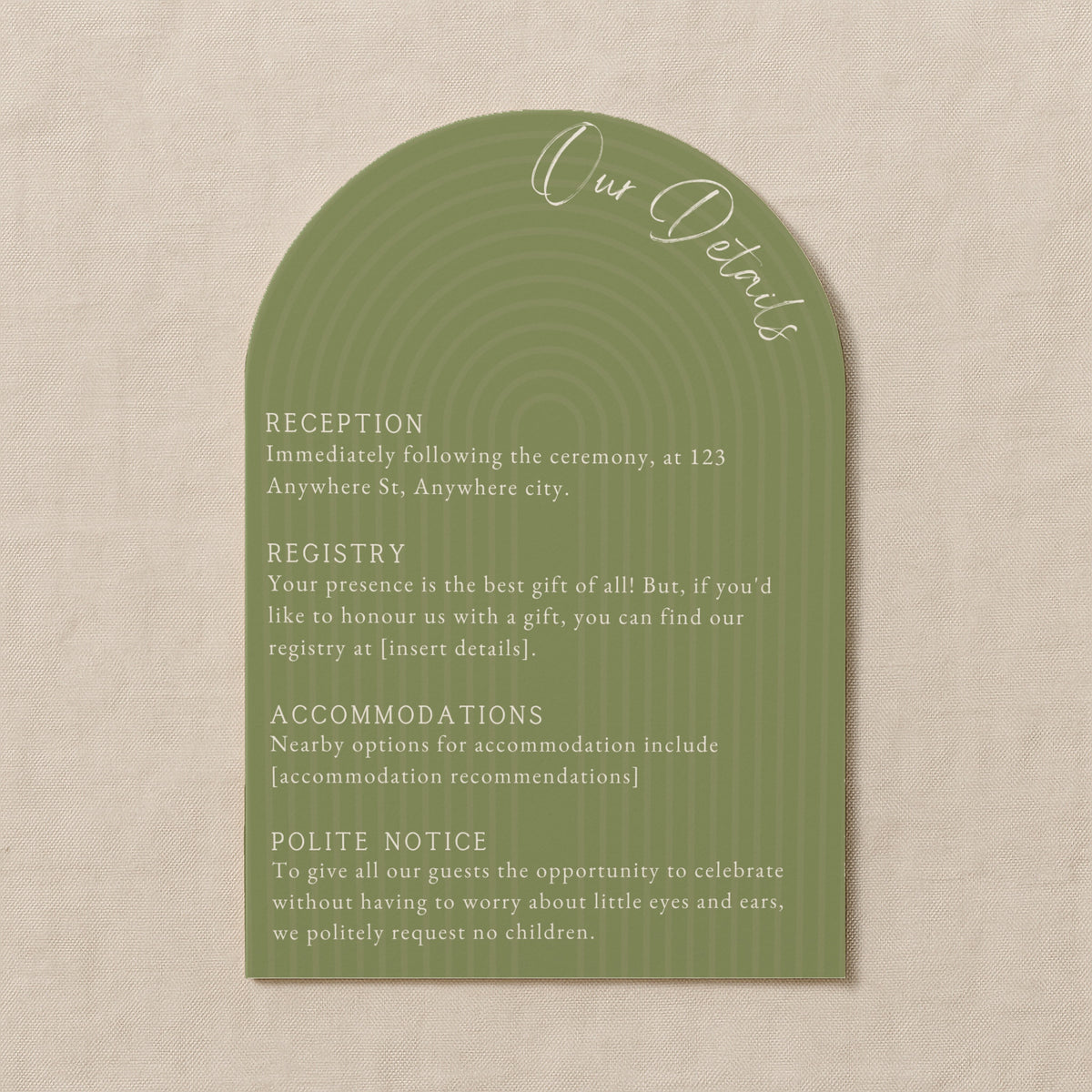 luxury arch shaped wedding invitations in olive green - fully personalised elegant wedding invitations premium