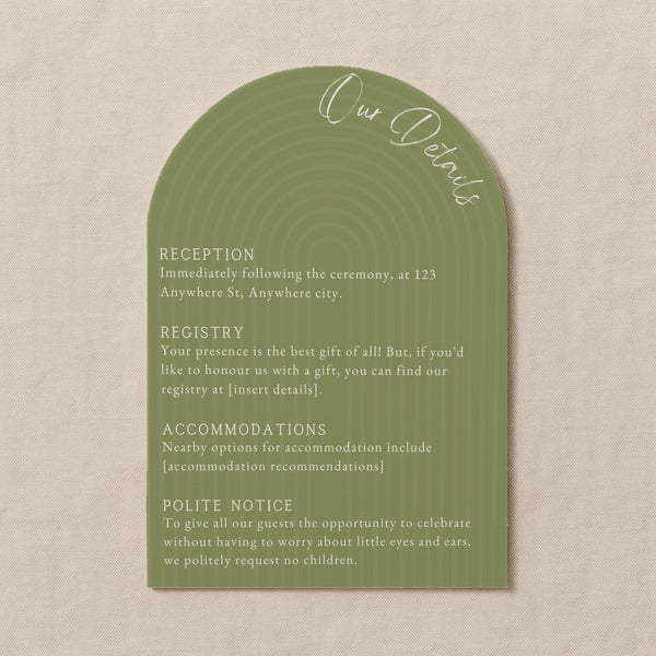 luxury arch shaped wedding invitations in olive green - fully personalised elegant wedding invitations premium