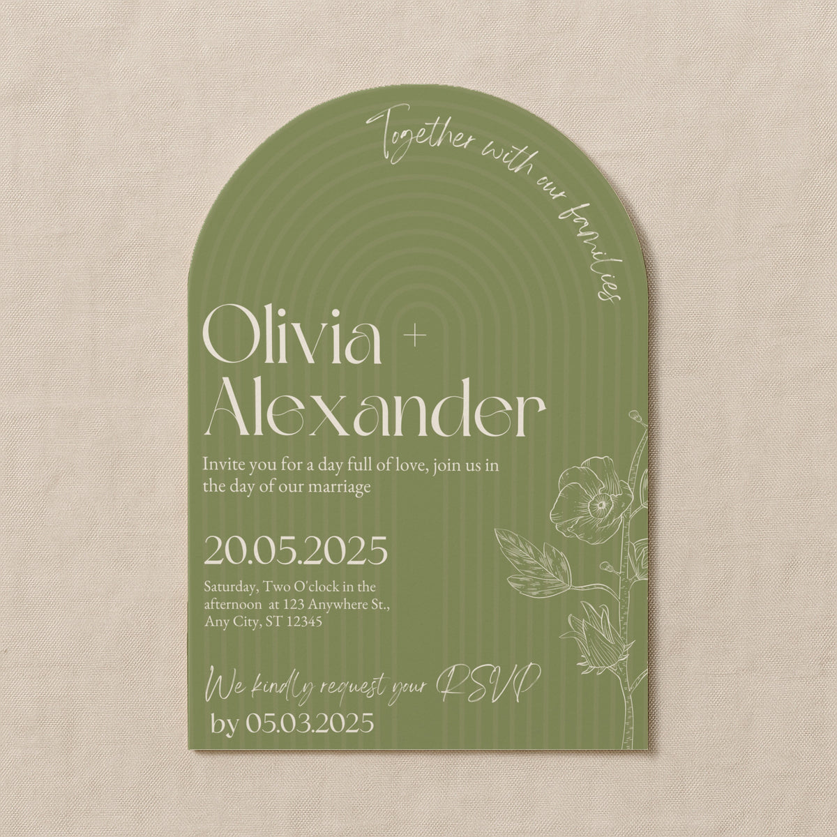 luxury arch shaped wedding invitations in olive green - fully personalised elegant wedding invitations premium