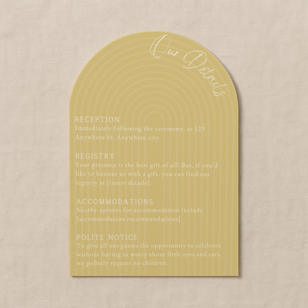 luxury arch shaped wedding invitations in butter yellow - fully personalised elegant wedding invitations premium