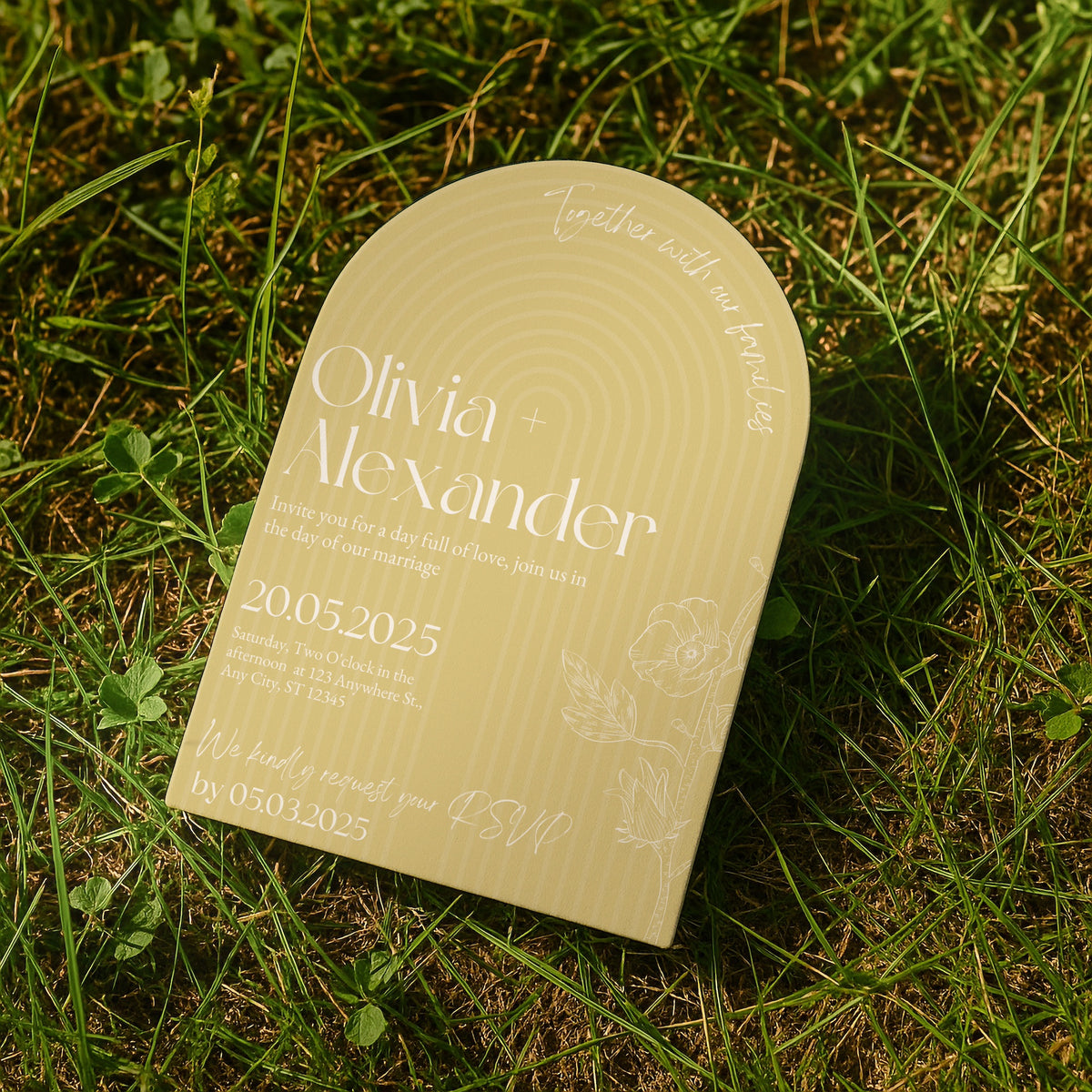 luxury arch shaped wedding invitations in butter yellow - fully personalised elegant wedding invitations premium