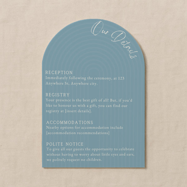 luxury arch shaped wedding invitations in sky blue - fully personalised elegant wedding invitations premium