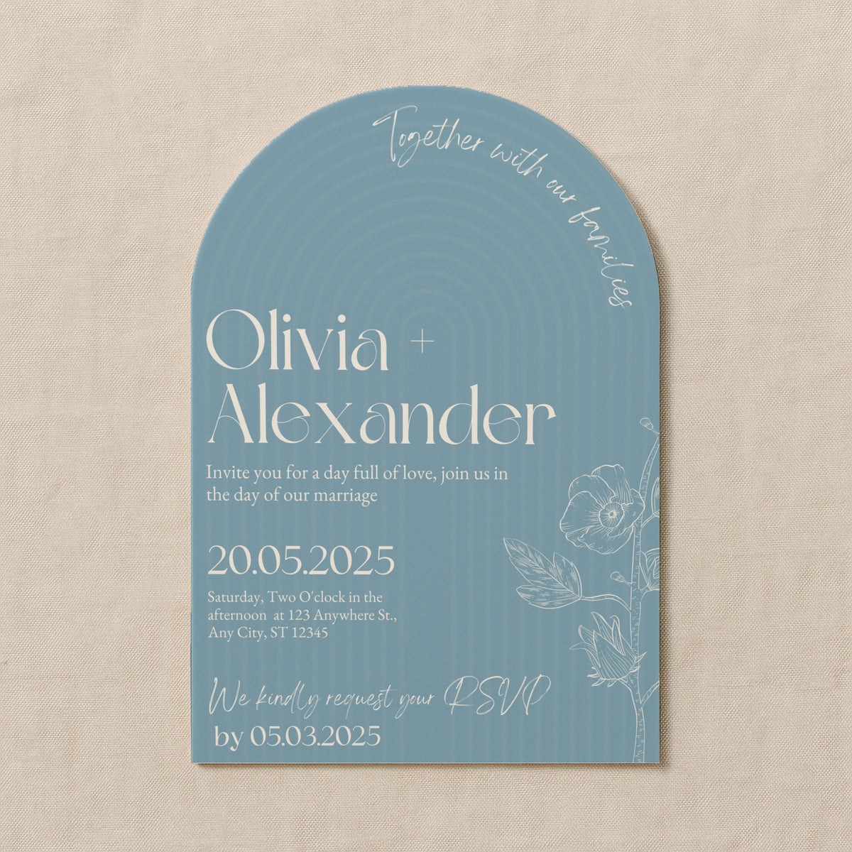 luxury arch shaped wedding invitations in sky blue - fully personalised elegant wedding invitations premium