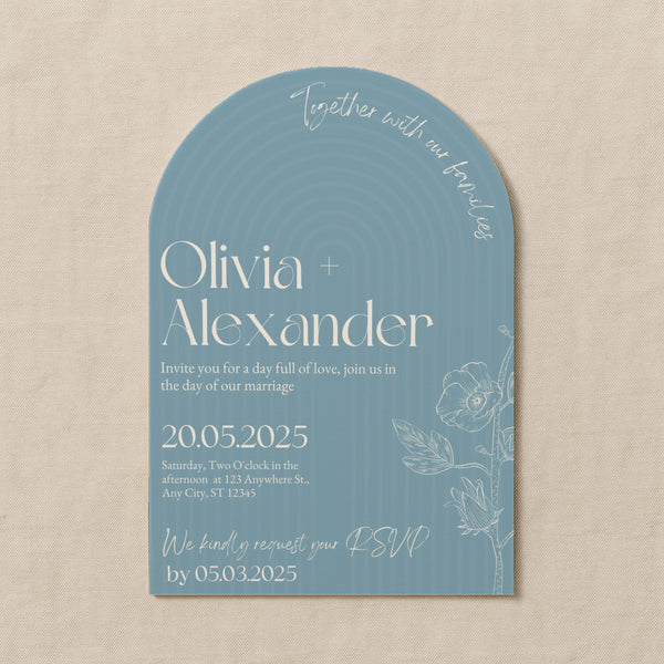 luxury arch shaped wedding invitations in sky blue - fully personalised elegant wedding invitations premium