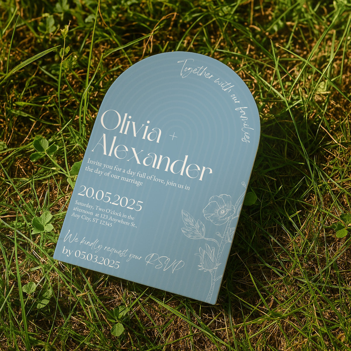 luxury arch shaped wedding invitations in sky blue - fully personalised elegant wedding invitations premium