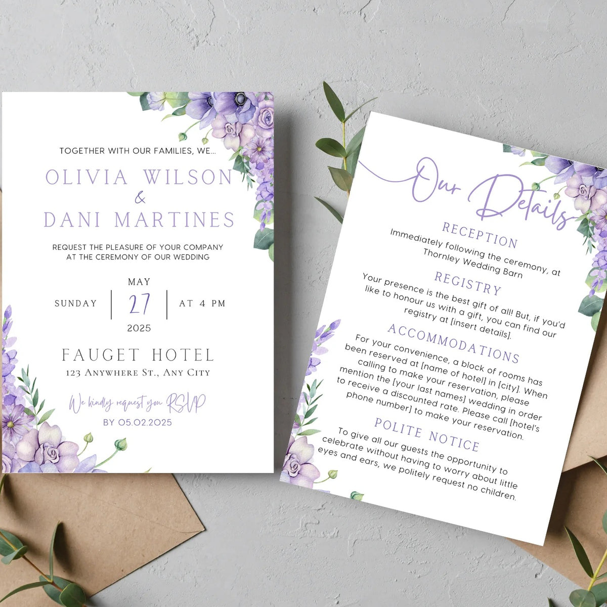 wedding invitations front and back - lilac and lavender floral wedding invites customised
