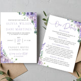 wedding invitations front and back - lilac and lavender floral wedding invites customised