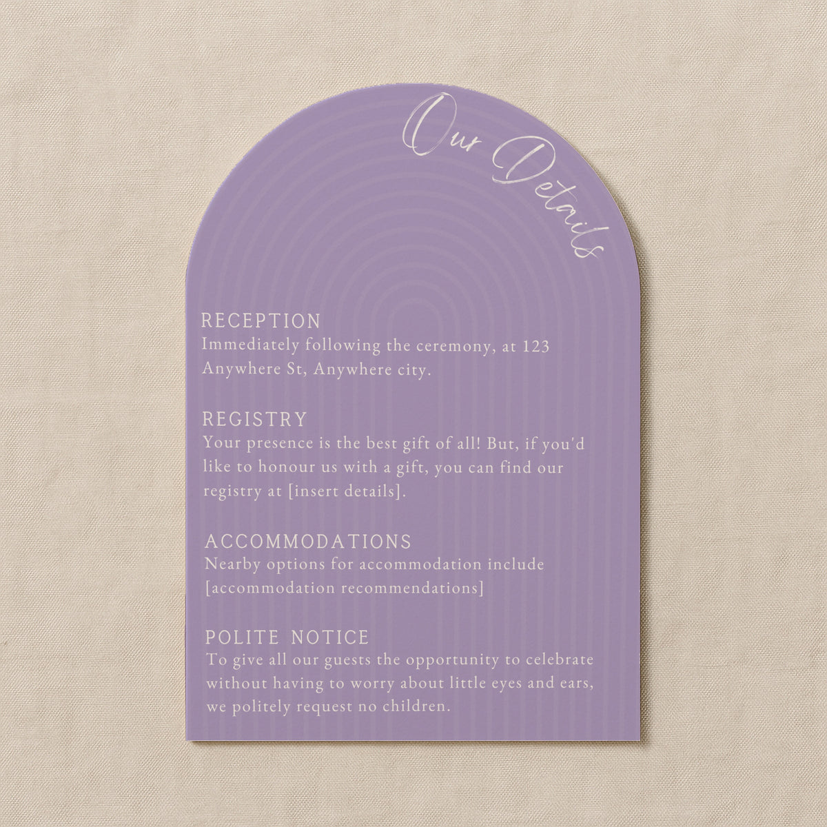 luxury arch shaped wedding invitations in lilac - fully personalised elegant wedding invitations premium