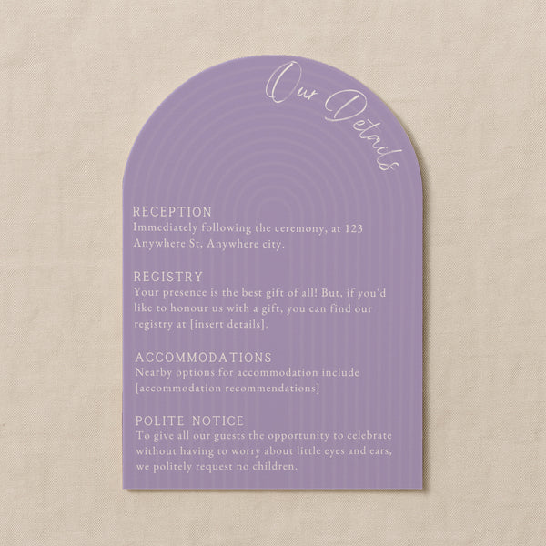 luxury arch shaped wedding invitations in lilac - fully personalised elegant wedding invitations premium