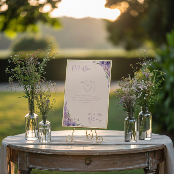 lilac floral polite notice wedding sign - Polite notice card for wedding display - luxury wedding signage