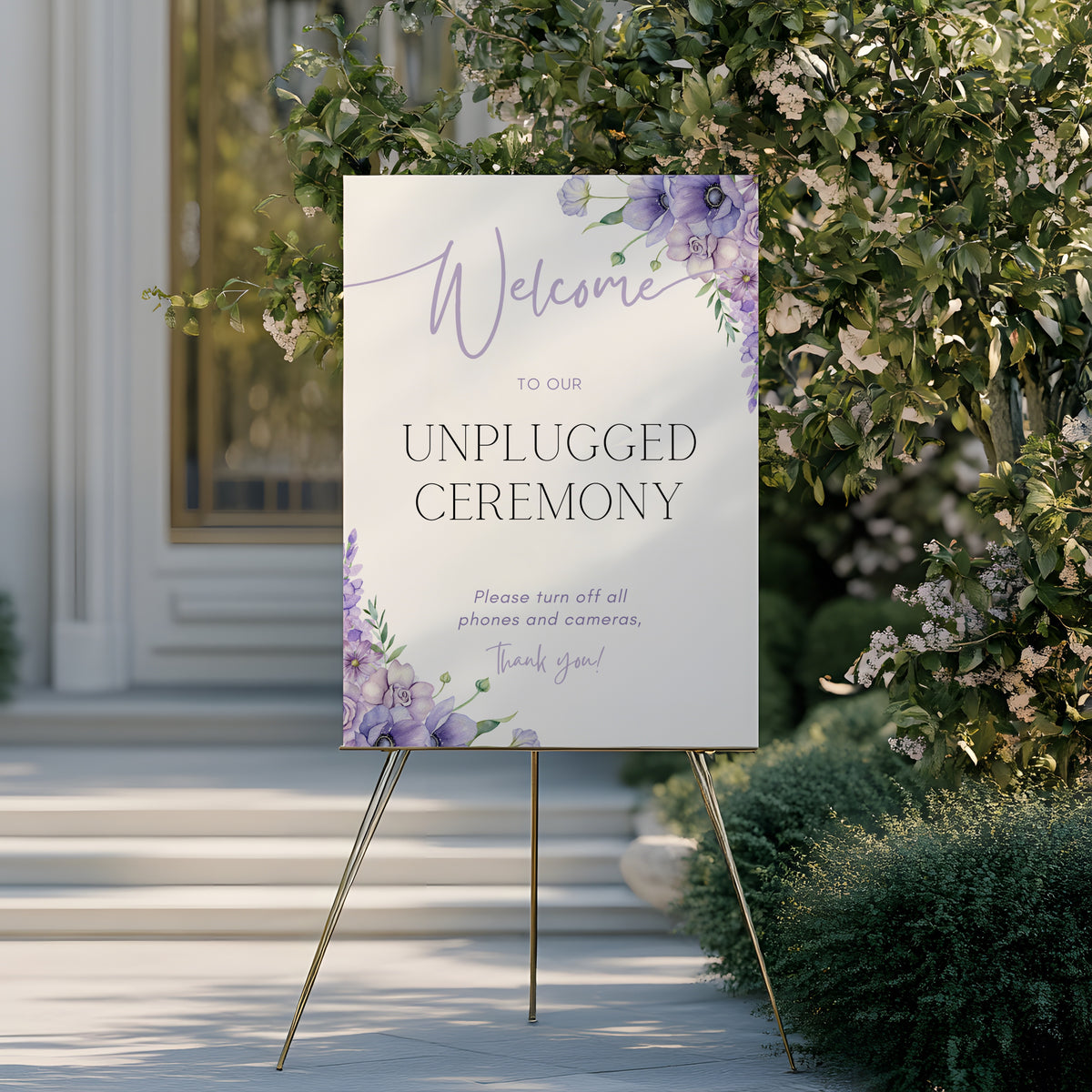 Lilac floral unplugged ceremony sign, in an elegant layout to impress your guests. Custom unplugged ceremony wedding board for unplugged wedding