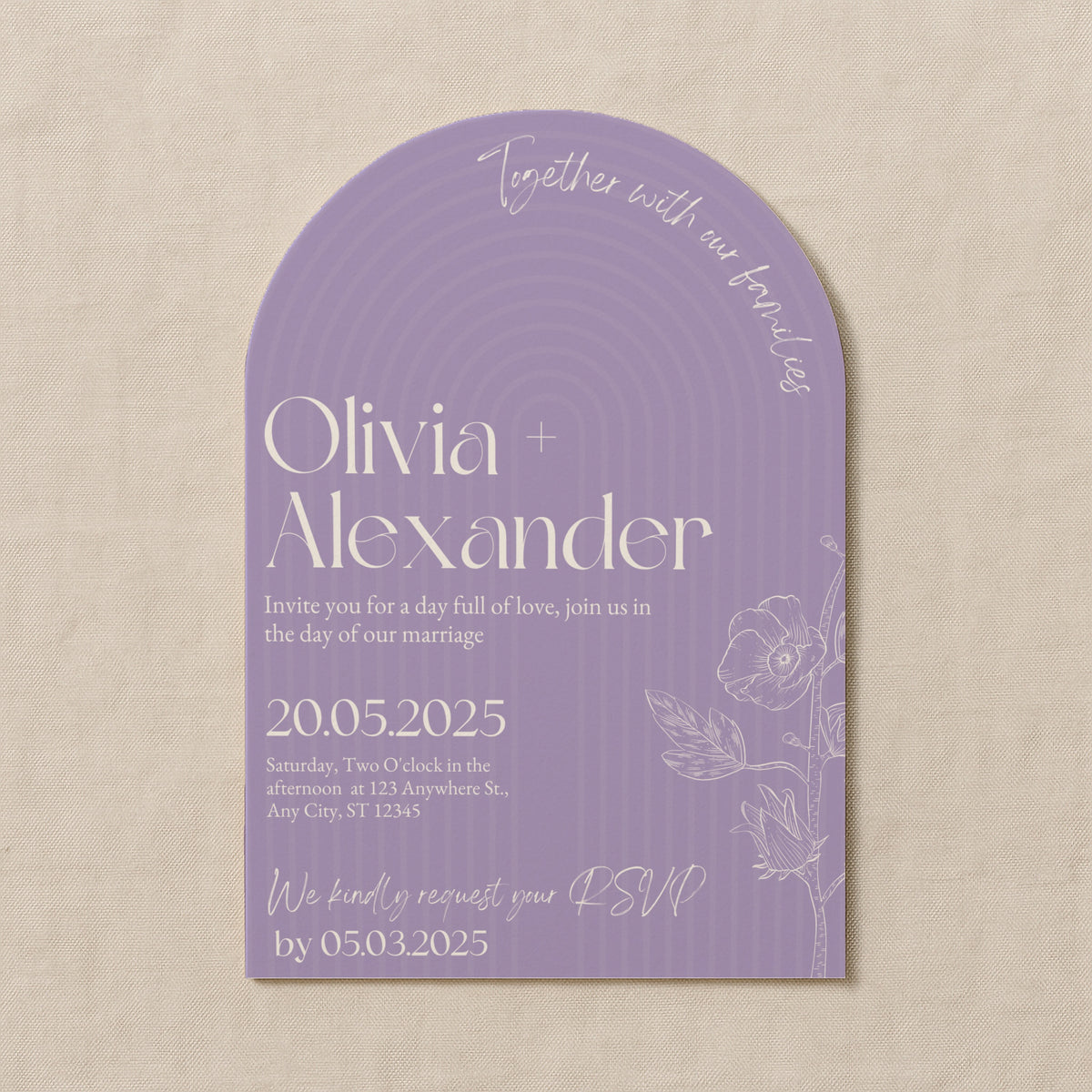 luxury arch shaped wedding invitations in lilac - fully personalised elegant wedding invitations premium