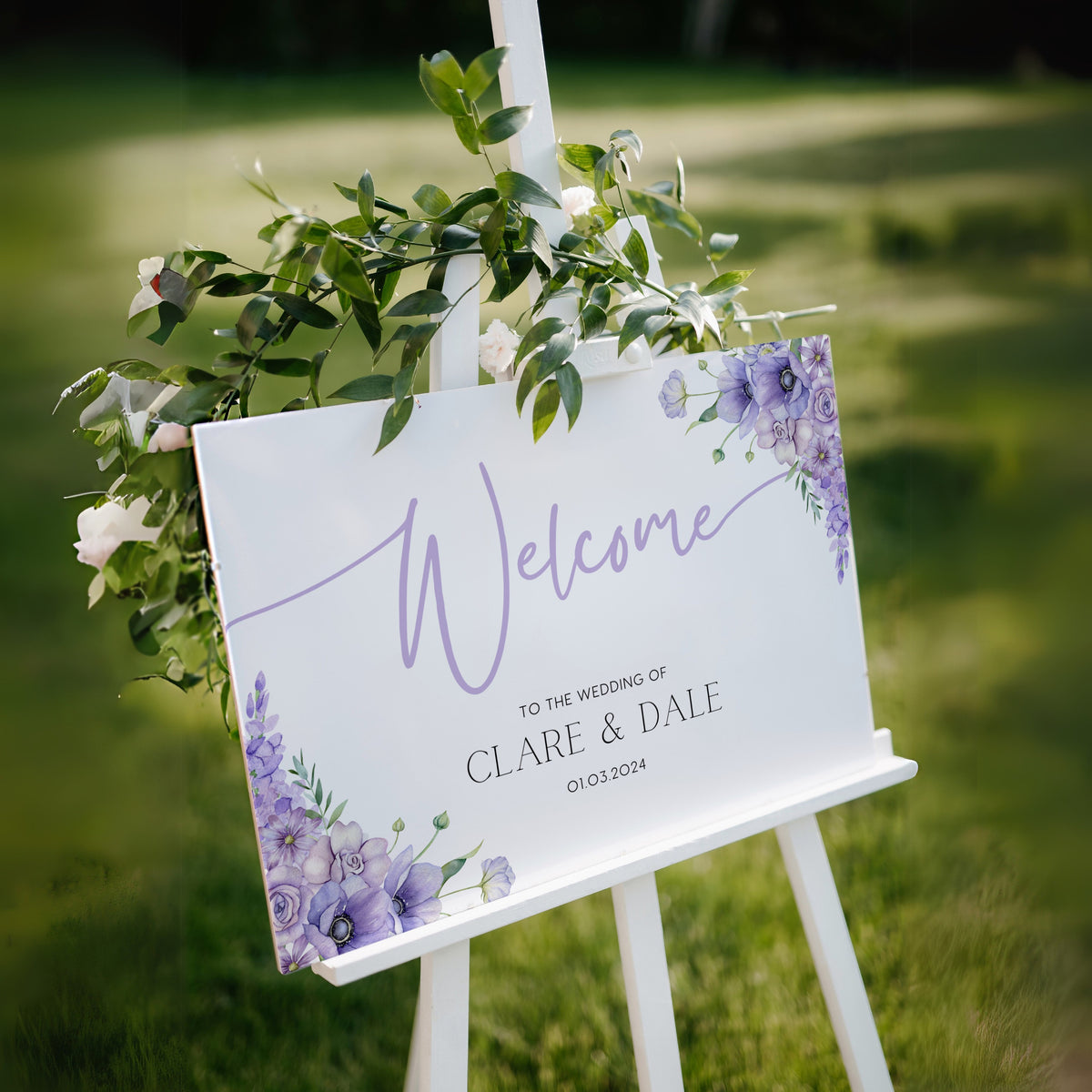 Lilac Lavender Wedding Welcome Sign - Personalised Wedding Welcome board in lilac Florals for a whimsical wedding