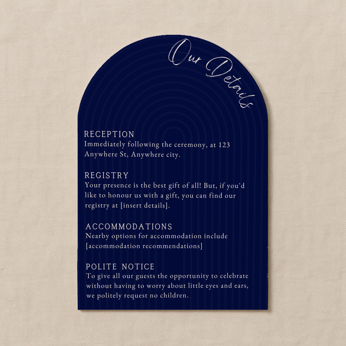 luxury arch shaped wedding invitations in navy blue - fully personalised elegant wedding invitations premium