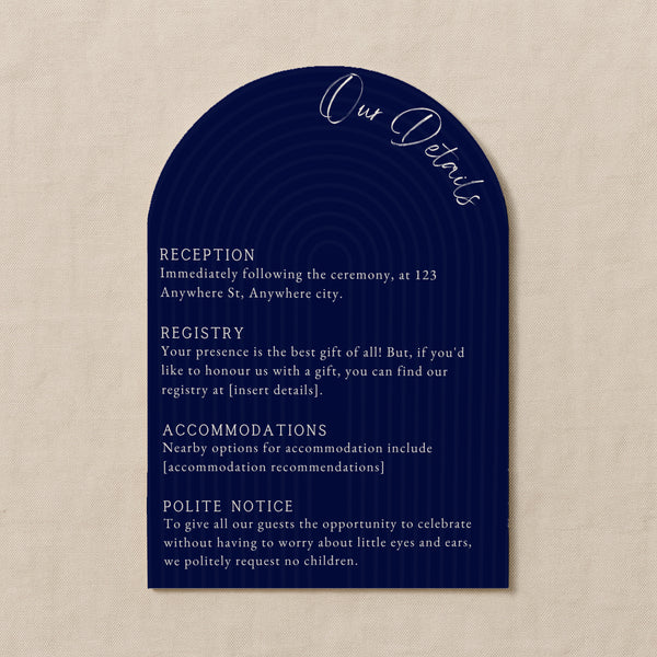 luxury arch shaped wedding invitations in navy blue - fully personalised elegant wedding invitations premium