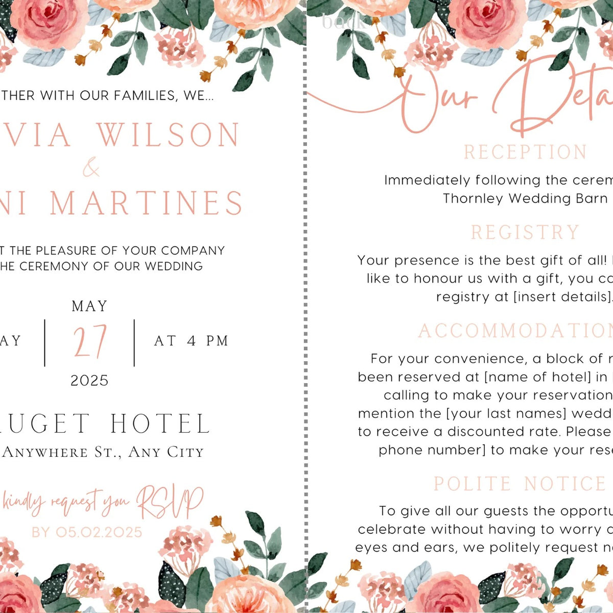 wedding invitations front and back - peach and pink floral wedding invites customised
