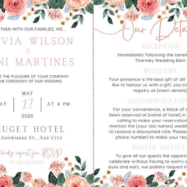 wedding invitations front and back - peach and pink floral wedding invites customised