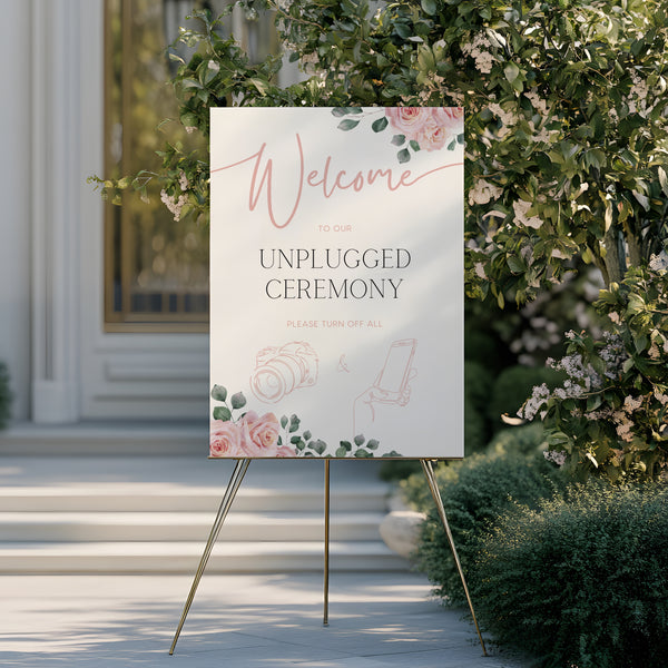 Pink Roses floral unplugged ceremony sign, in an elegant layout to impress your guests. Custom unplugged ceremony wedding board for unplugged wedding
