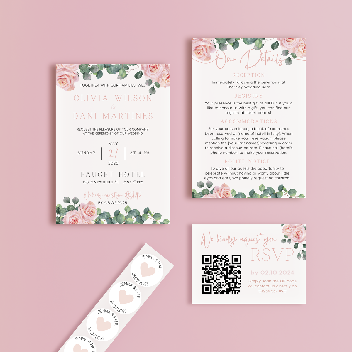 pink roses wedding stationery essentials bundle - wedding stationery bundle customised - floral wedding invites bundle with rsvp - personalised wedding invites rsvp bundle