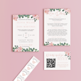 pink roses wedding stationery essentials bundle - wedding stationery bundle customised - floral wedding invites bundle with rsvp - personalised wedding invites rsvp bundle