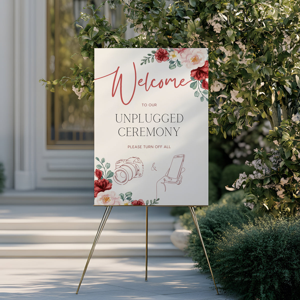 Red Burgundy floral unplugged ceremony sign, in an elegant layout to impress your guests. Custom unplugged ceremony wedding board for unplugged wedding