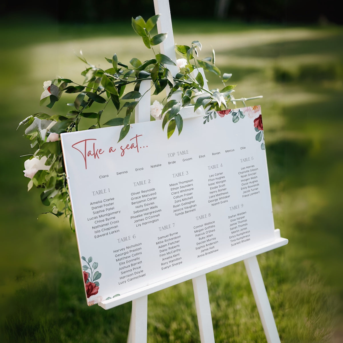 red floral seating chart - personalised floral wedding seating plan board