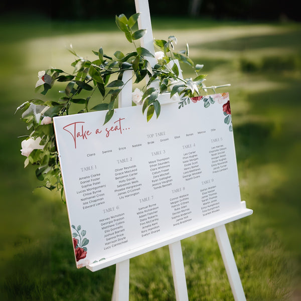 red floral seating chart - personalised floral wedding seating plan board