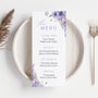lilac and lavender floral personalised wedding menu - affordable custom wedding menus
