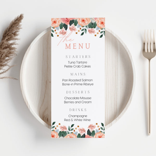 pink and peach floral personalised wedding menu - affordable custom wedding menus