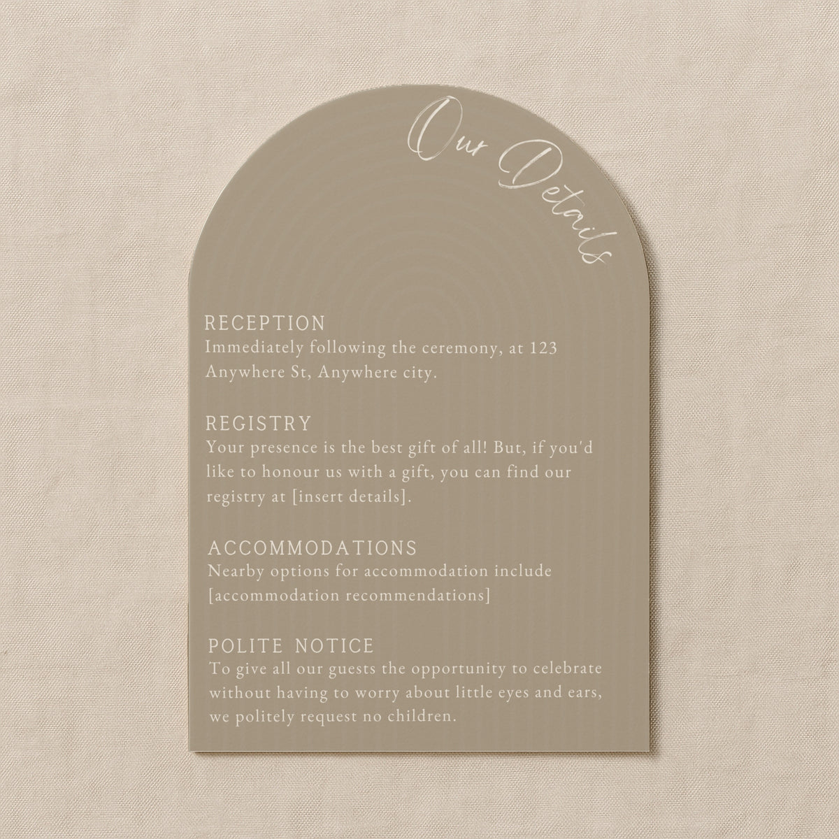 luxury arch shaped wedding invitations in stone beige - fully personalised elegant wedding invitations premium