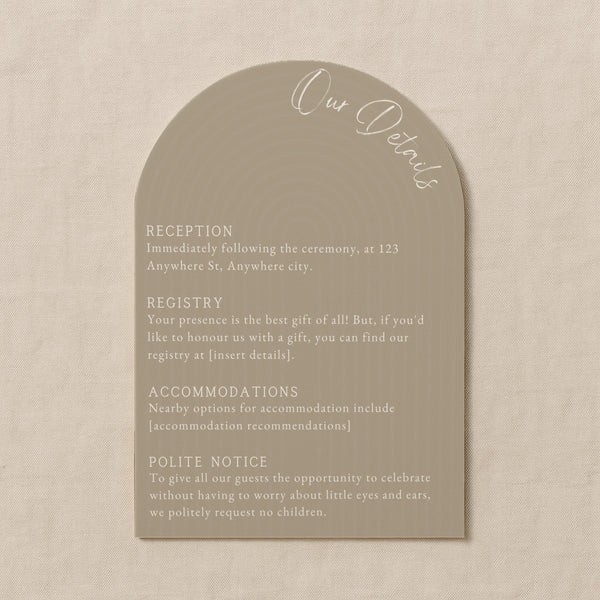 luxury arch shaped wedding invitations in stone beige - fully personalised elegant wedding invitations premium