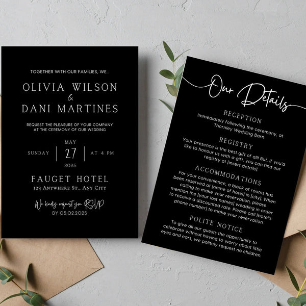wedding invitations front and back - timeless black wedding invites customised
