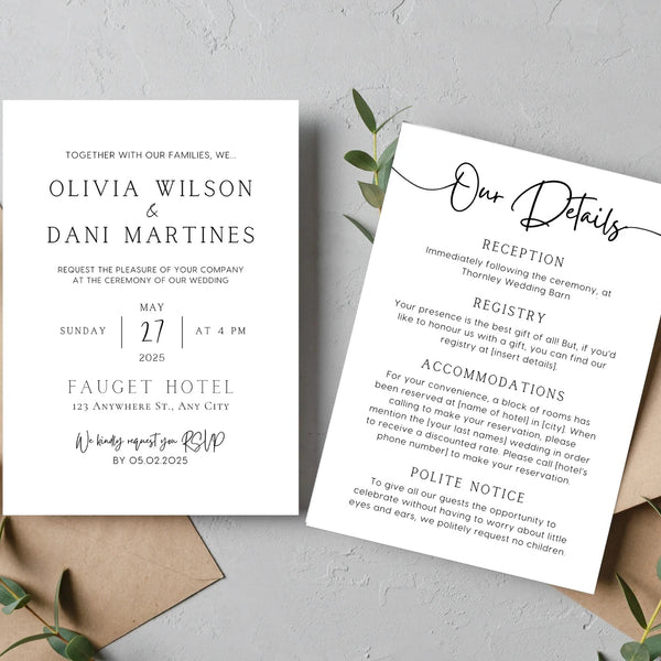 wedding invitations front and back - timeless white wedding invites customised