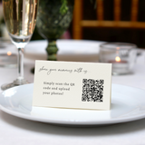 Personalised Wedding Place Cards – Elegant, custom wedding place cards with guest names, featuring a discreet QR code on the reverse for photo sharing.