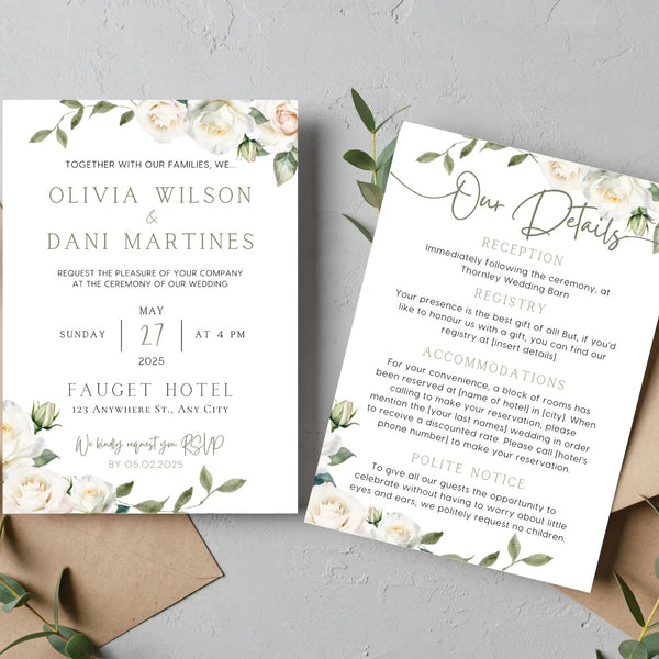 wedding invitations front and back - white roses wedding invites customised
