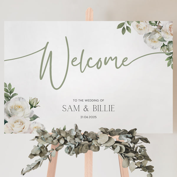 White Roses wedding welcome sign - A personalised wedding sign, adorned with beautifully designed white roses and elegant sage green text.