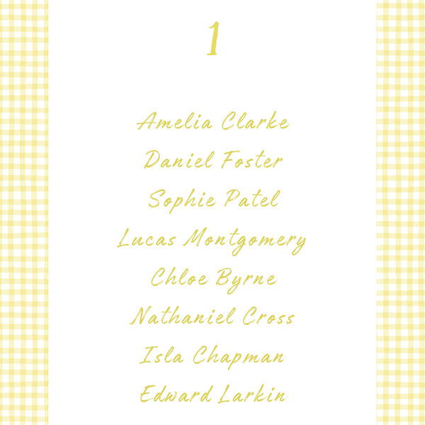 Limoncello wedding seating plan cards with lemon watercolour illustrations and yellow script text