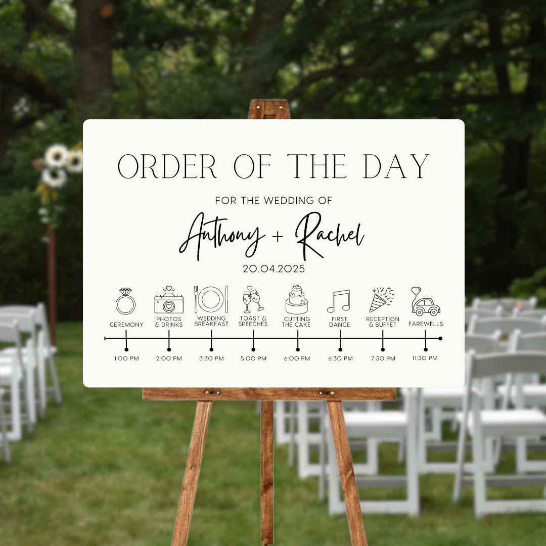 minimalist order of the day sign - affordable personalised wedding signs