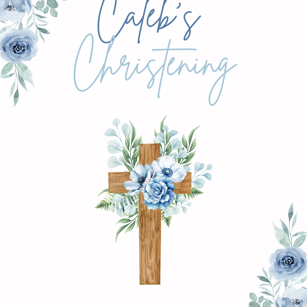 Personalised Christening Welcome Sign – A beautifully designed welcome sign featuring the baby’s name and event details, displayed on an easel at a christening venue.