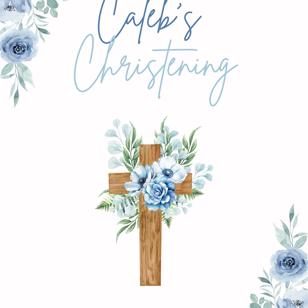 Personalised Christening Welcome Sign – A beautifully designed welcome sign featuring the baby’s name and event details, displayed on an easel at a christening venue.