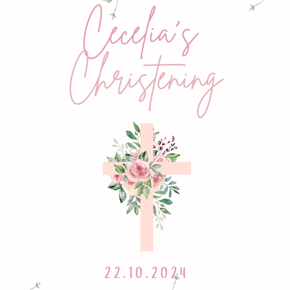 Personalised Christening Welcome Sign – A beautifully designed welcome sign featuring the baby’s name and event details, displayed on an easel at a christening venue.