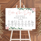 pink roses floral order of the day sign for weddings - personalised - customizable